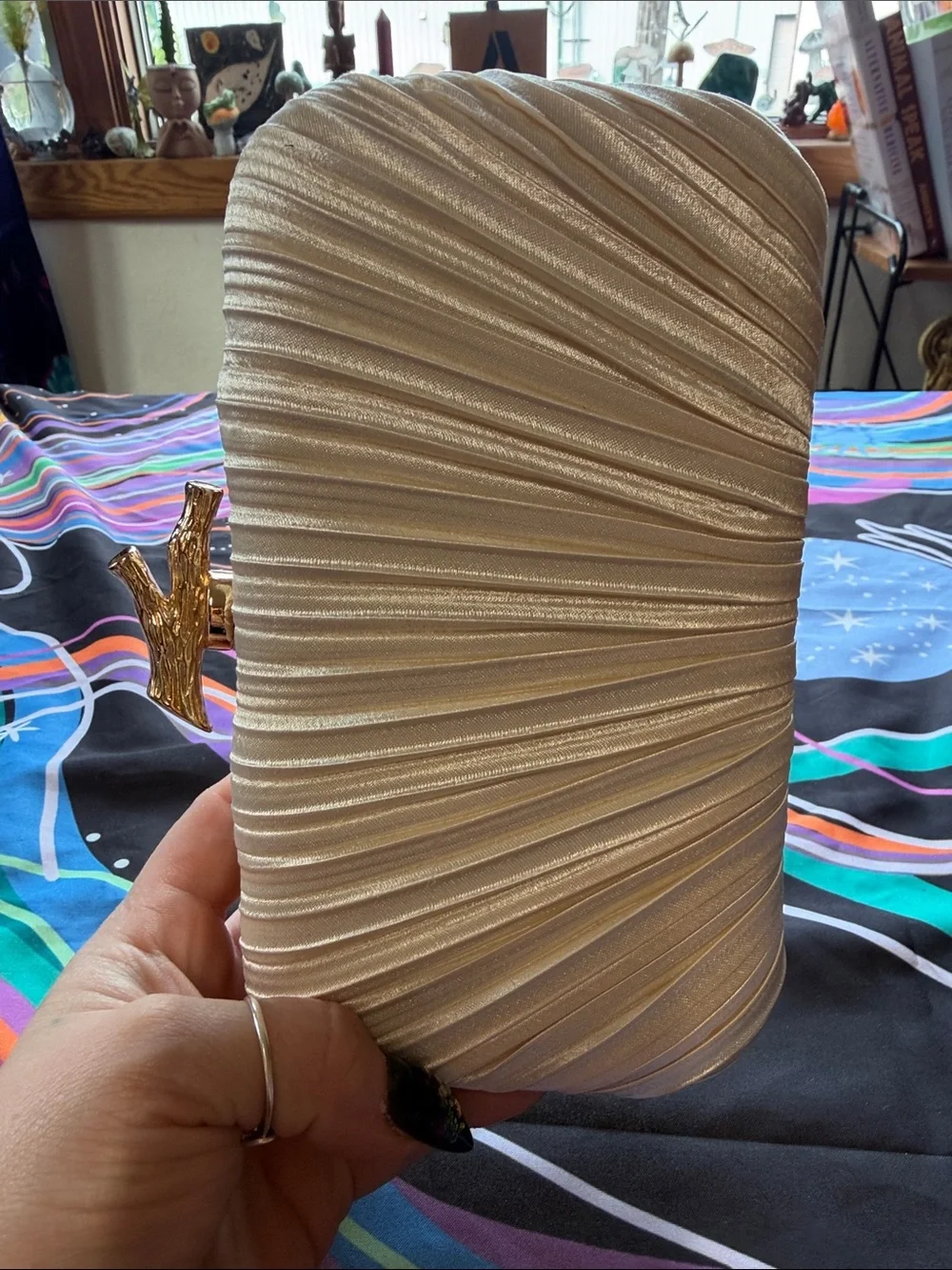 Elegant Pearl Ivory Satin Clutch with Gold Bird Accent NWOT